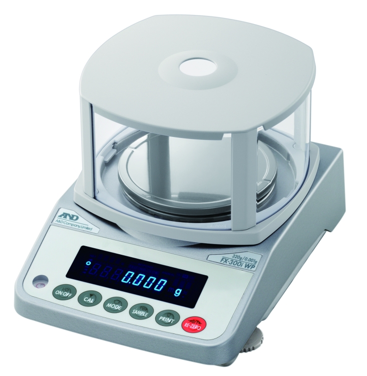 A&D FX-300iWP IP65 Waterproof Precision Balance, 320 g x 0.001 g, with breeze break (3.4" high)