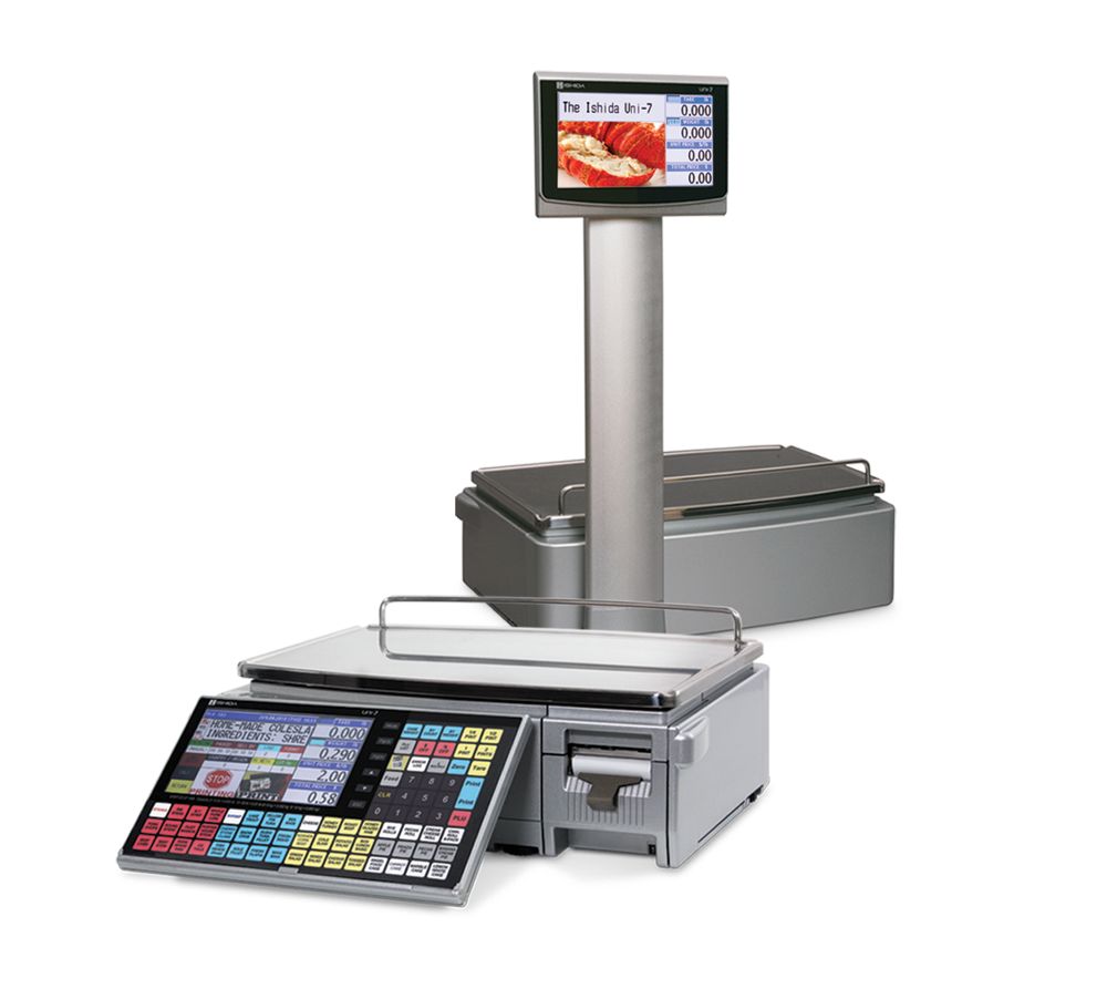 Ishida Uni-7 Dual Range Price Computing Scale with Pole and Printer, 30 lb x 0.01 lb, RF, NTEP approved
