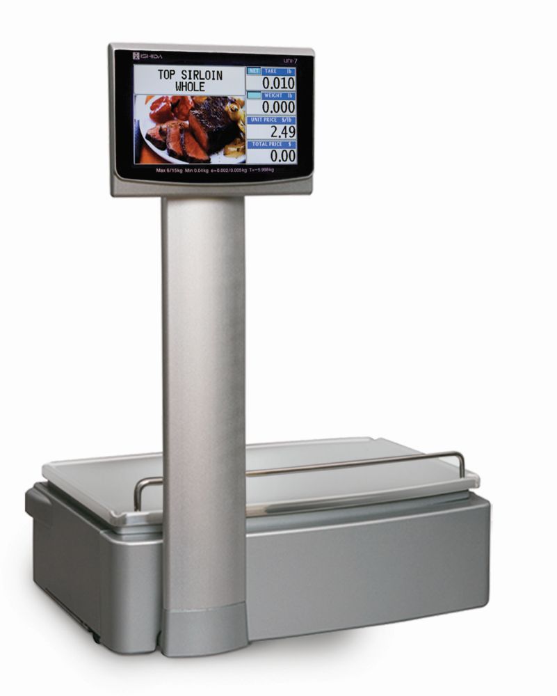 Ishida Uni-7 Dual Range Price Computing Scale with Pole and Printer, 30 lb x 0.01 lb, RF, NTEP approved